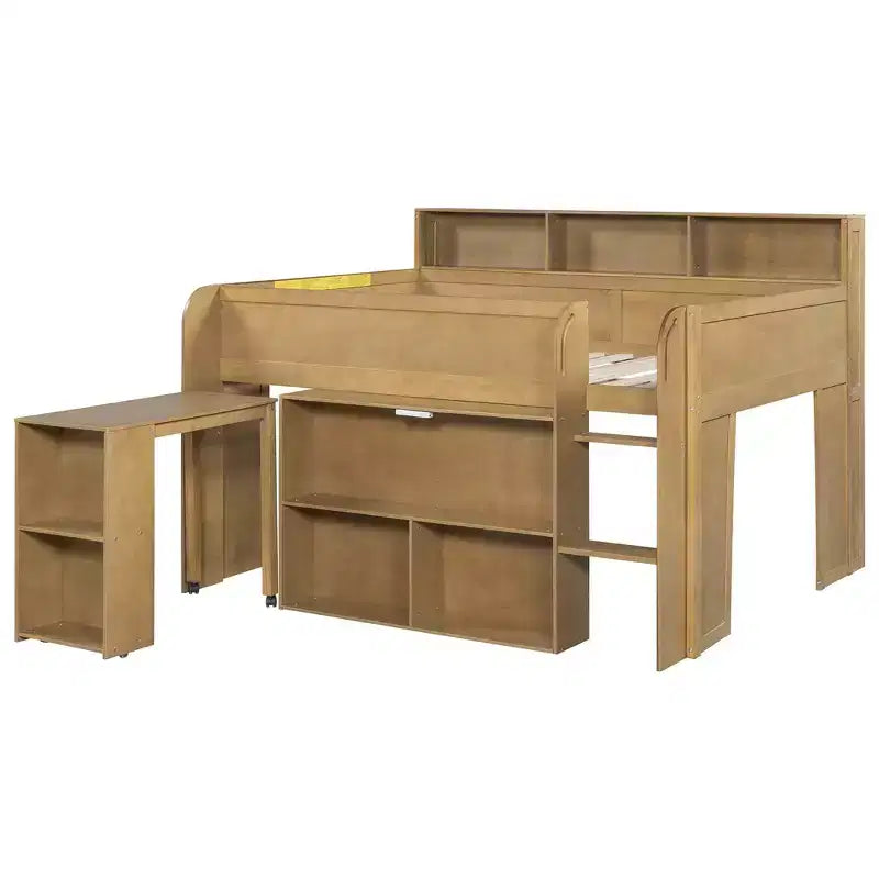 Lit mezzanine élégant en bois pleine grandeur Whisen avec plusieurs étagères de rangement, bureau