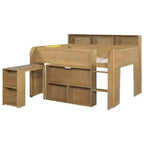 Lit mezzanine élégant en bois pleine grandeur Whisen avec plusieurs étagères de rangement, bureau