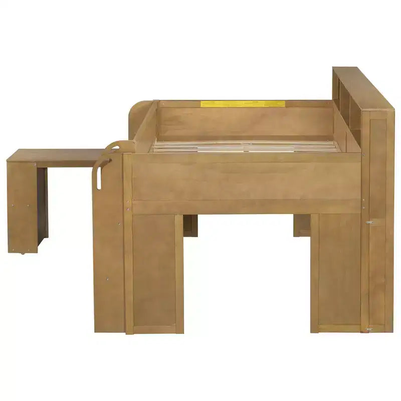 Lit mezzanine élégant en bois pleine grandeur Whisen avec plusieurs étagères de rangement, bureau