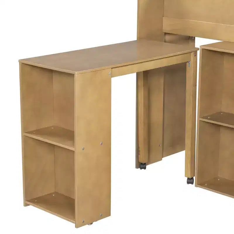 Lit mezzanine élégant en bois pleine grandeur Whisen avec plusieurs étagères de rangement, bureau