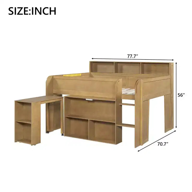 Lit mezzanine élégant en bois pleine grandeur Whisen avec plusieurs étagères de rangement, bureau
