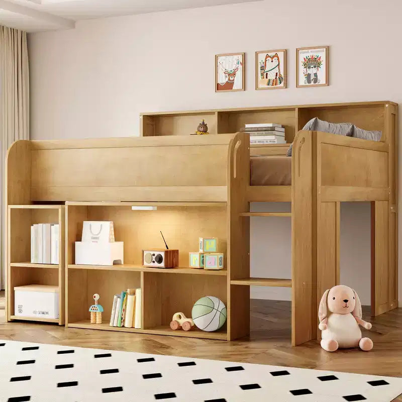 Lit mezzanine élégant en bois pleine grandeur Whisen avec plusieurs étagères de rangement, bureau