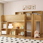 Lit mezzanine élégant en bois pleine grandeur Whisen avec plusieurs étagères de rangement, bureau