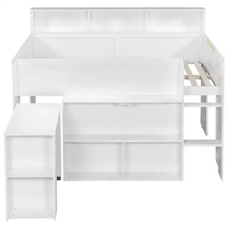 Lit mezzanine élégant en bois pleine grandeur Whisen avec plusieurs étagères de rangement, bureau