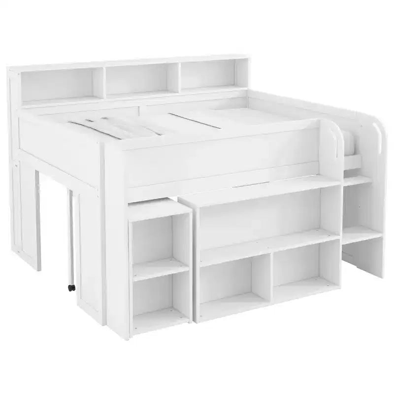 Lit mezzanine élégant en bois pleine grandeur Whisen avec plusieurs étagères de rangement, bureau