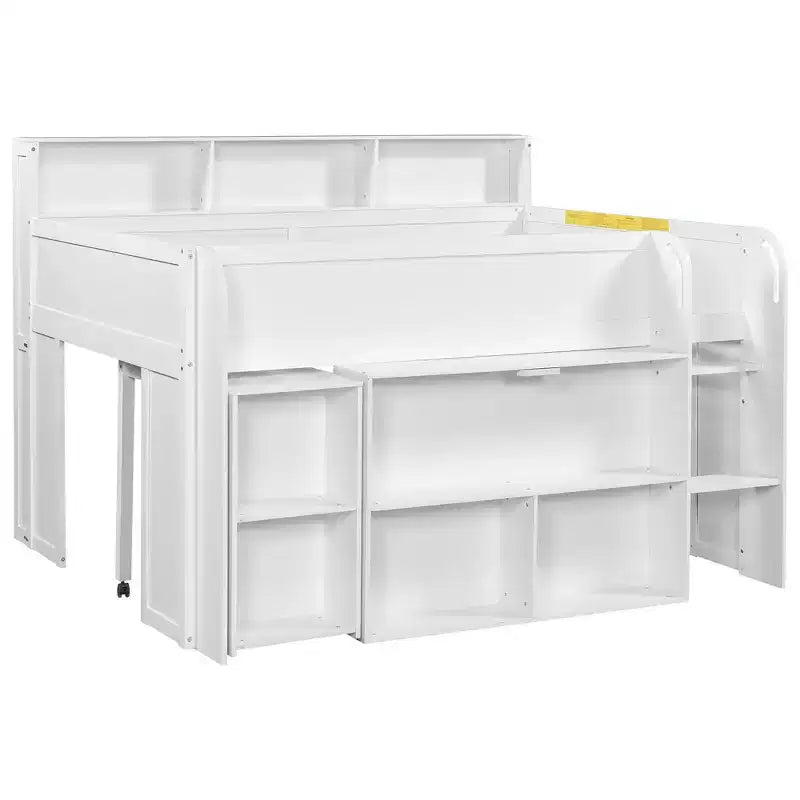 Lit mezzanine élégant en bois pleine grandeur Whisen avec plusieurs étagères de rangement, bureau