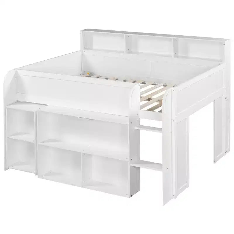 Lit mezzanine élégant en bois pleine grandeur Whisen avec plusieurs étagères de rangement, bureau