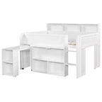 Lit mezzanine élégant en bois pleine grandeur Whisen avec plusieurs étagères de rangement, bureau
