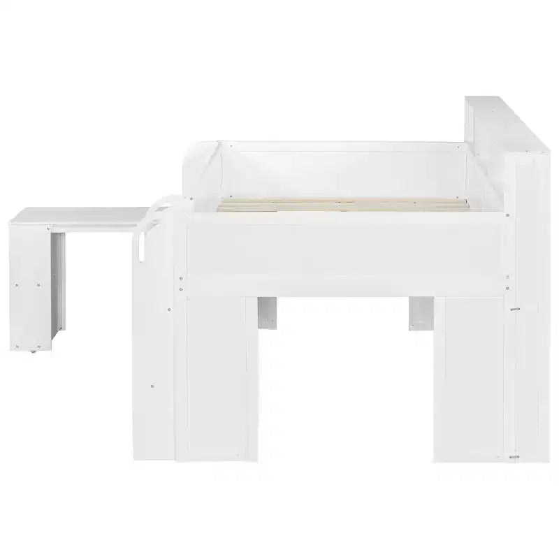 Lit mezzanine élégant en bois pleine grandeur Whisen avec plusieurs étagères de rangement, bureau