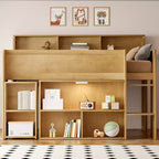 Lit mezzanine élégant en bois pleine grandeur Whisen avec plusieurs étagères de rangement, bureau
