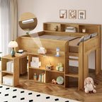 Lit mezzanine élégant en bois pleine grandeur Whisen avec plusieurs étagères de rangement, bureau