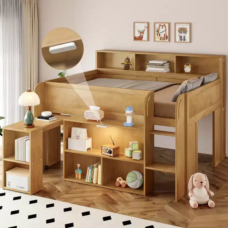 Lit mezzanine élégant en bois pleine grandeur Whisen avec plusieurs étagères de rangement, bureau