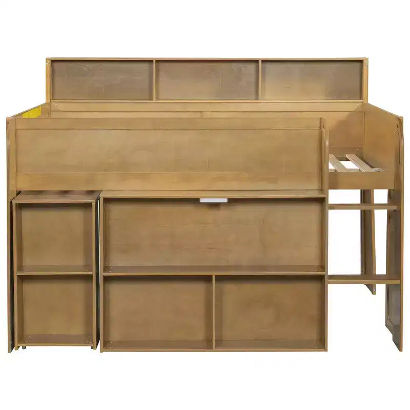 Lit mezzanine élégant en bois pleine grandeur Whisen avec plusieurs étagères de rangement, bureau