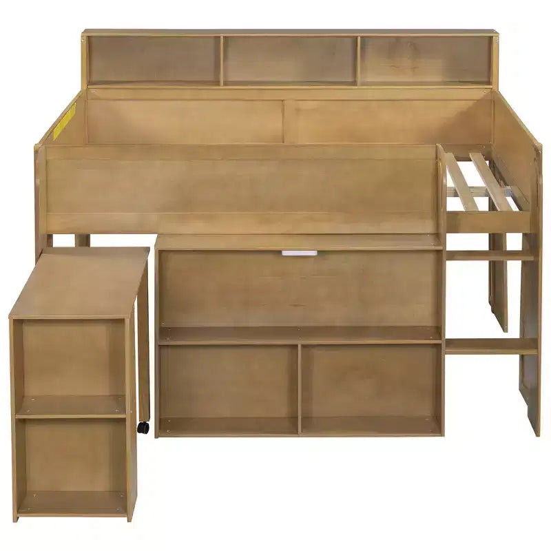 Lit mezzanine élégant en bois pleine grandeur Whisen avec plusieurs étagères de rangement, bureau