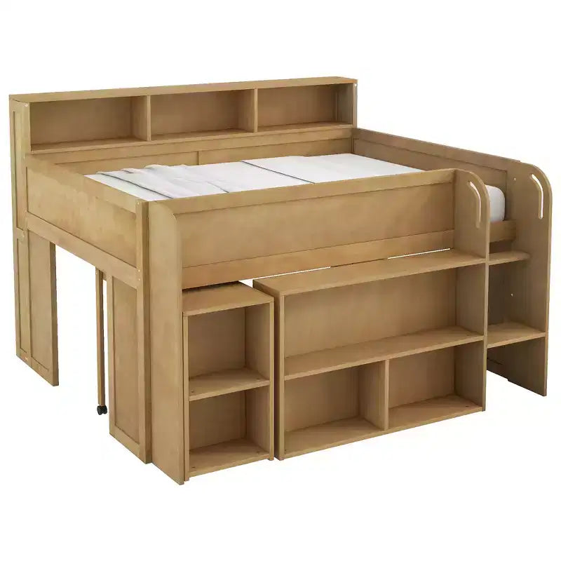 Lit mezzanine élégant en bois pleine grandeur Whisen avec plusieurs étagères de rangement, bureau