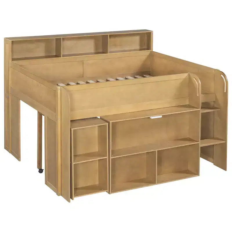 Lit mezzanine élégant en bois pleine grandeur Whisen avec plusieurs étagères de rangement, bureau