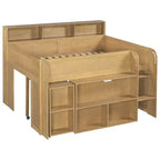 Lit mezzanine élégant en bois pleine grandeur Whisen avec plusieurs étagères de rangement, bureau