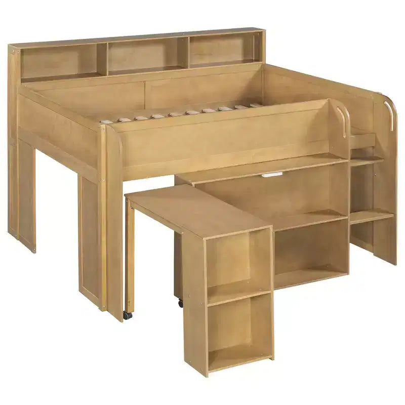 Lit mezzanine élégant en bois pleine grandeur Whisen avec plusieurs étagères de rangement, bureau