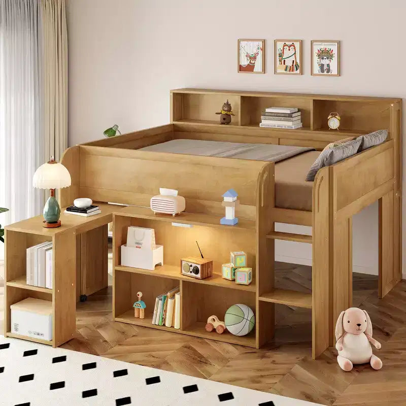 Whisen Full Size Wood Elegant Loft bed with Multiple Storage Shelves, Desk