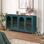 Meuble TV moderne pour téléviseur de 65+ pouces, console multimédia avec portes vitrées et étagères réglables