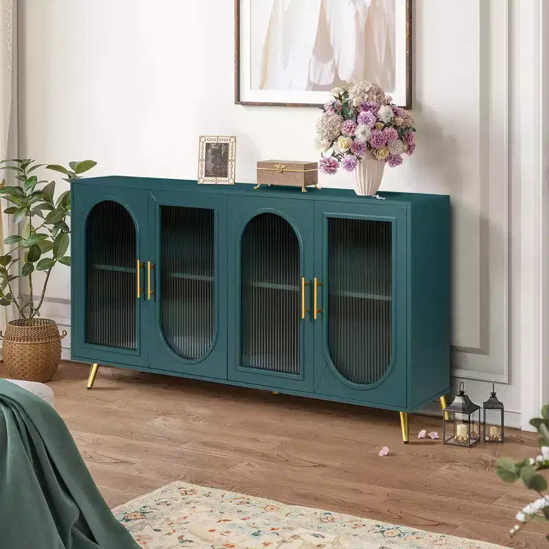 Meuble TV moderne pour téléviseur de 65+ pouces, console multimédia avec portes vitrées et étagères réglables