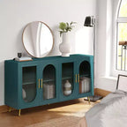 Meuble TV moderne pour téléviseur de 65+ pouces, console multimédia avec portes vitrées et étagères réglables