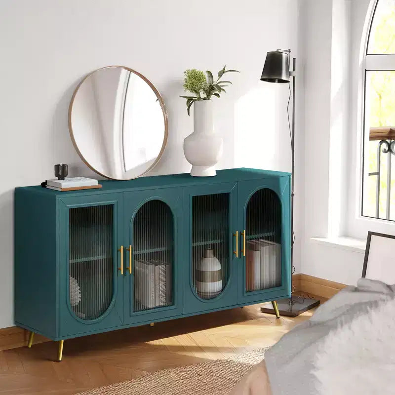 Meuble TV moderne pour téléviseur de 65+ pouces, console multimédia avec portes vitrées et étagères réglables