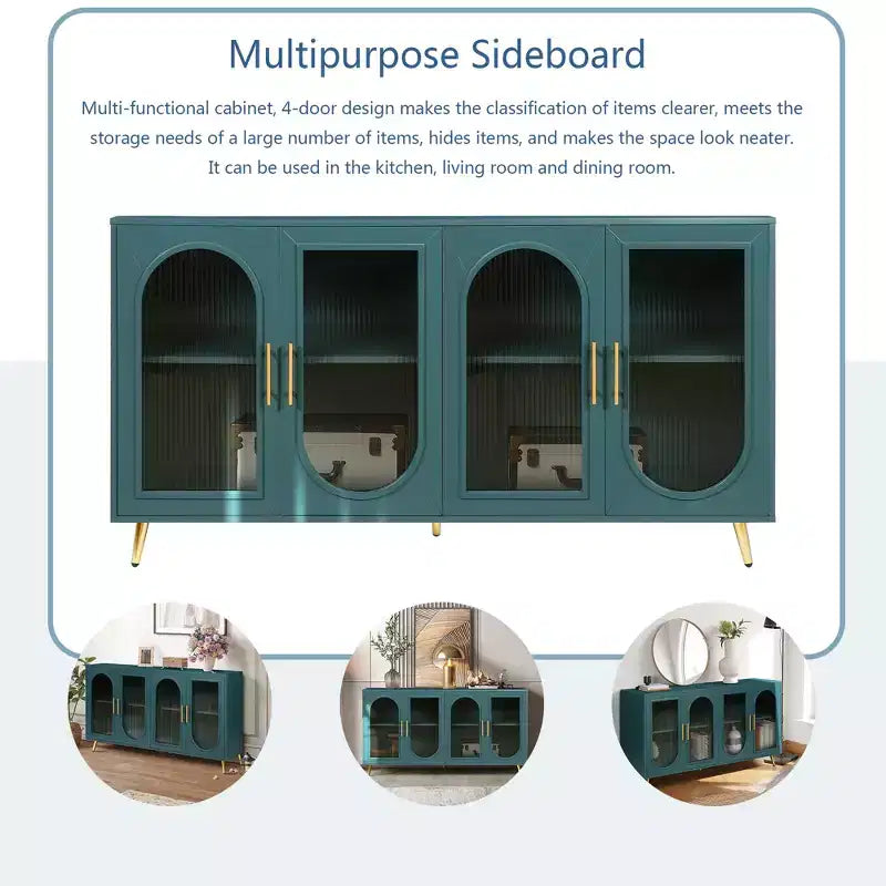 Meuble TV moderne pour téléviseur de 65+ pouces, console multimédia avec portes vitrées et étagères réglables
