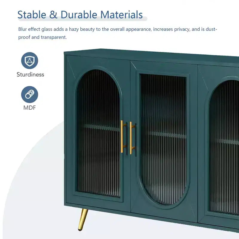 Meuble TV moderne pour téléviseur de 65+ pouces, console multimédia avec portes vitrées et étagères réglables
