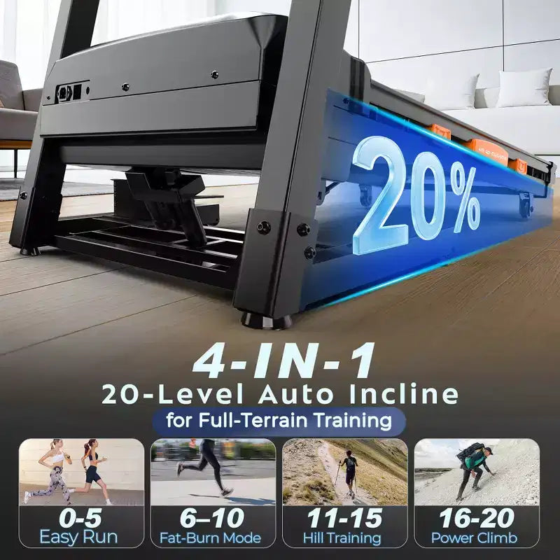 Tapis Roulant Pliable avec Inclinaison de 20%, Tapis Roulant Rapide 19 km/h avec 105 Programmes pour la Course à Pied et la Marche à Domicile, Connecté à l'Application, Bande Plus Large, Charge Maximale 180 kg