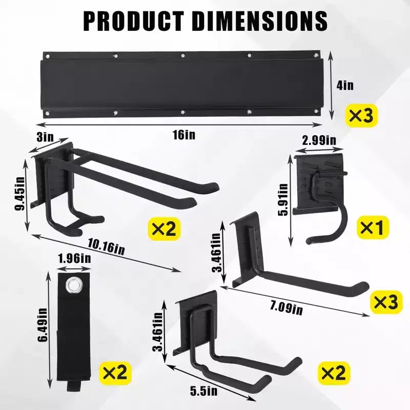 Organisateur d'outils, Organisateur de garage 48 x 13 Pcs Rangement mural robuste pour outils de jardin avec 8 crochets réglables et 2 sangles