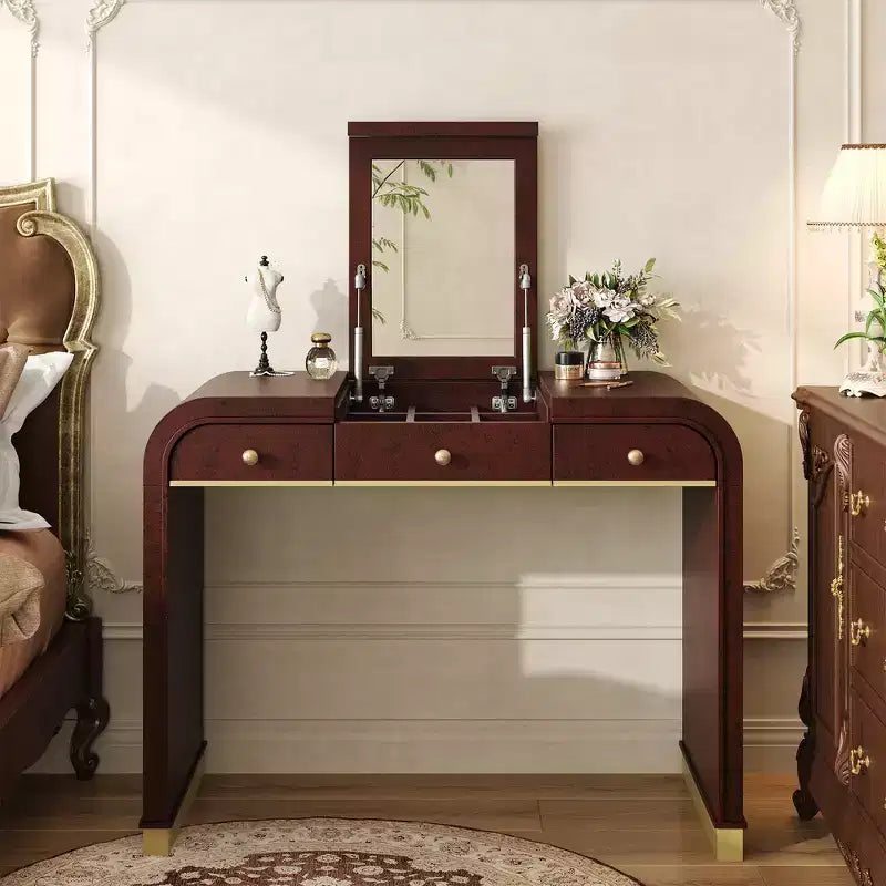 Coiffeuse 3-en-1 Whisen, meuble-lavabo classique en bois avec miroir rabattable, 2 tiroirs et espace de rangement