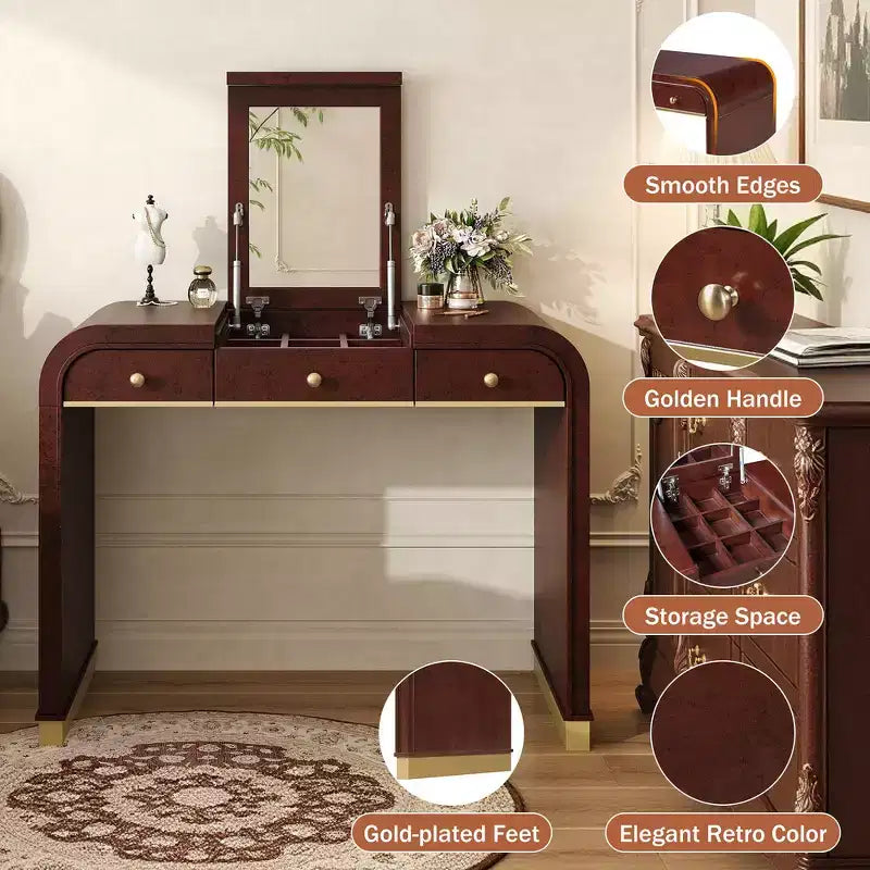 Coiffeuse 3-en-1 Whisen, meuble-lavabo classique en bois avec miroir rabattable, 2 tiroirs et espace de rangement