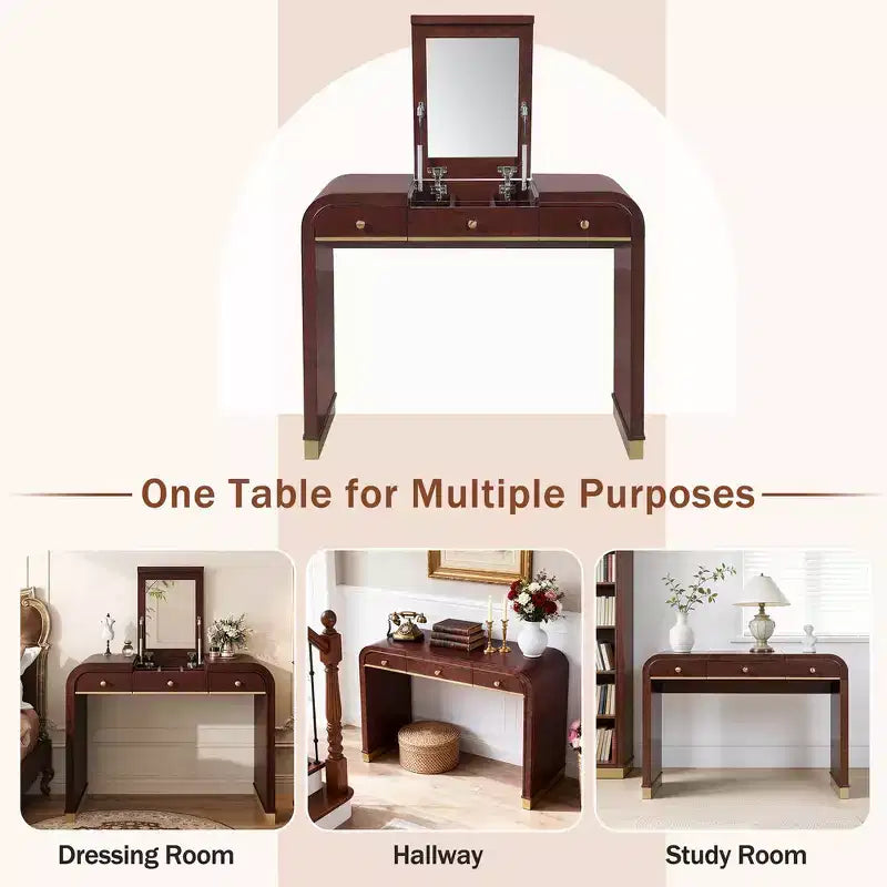 Coiffeuse 3-en-1 Whisen, meuble-lavabo classique en bois avec miroir rabattable, 2 tiroirs et espace de rangement