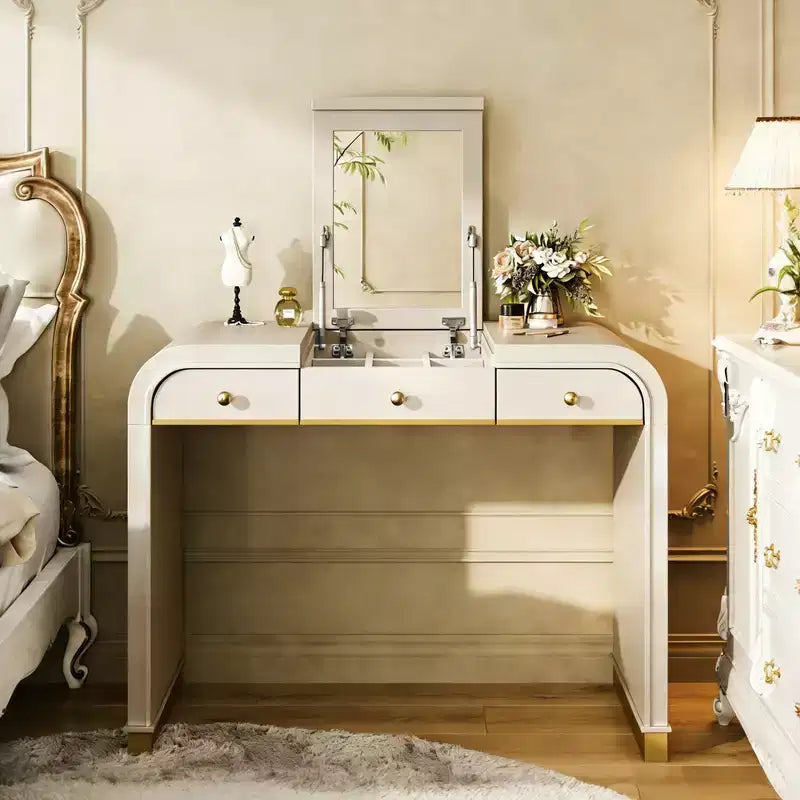 Coiffeuse 3-en-1 Whisen, meuble-lavabo classique en bois avec miroir rabattable, 2 tiroirs et espace de rangement