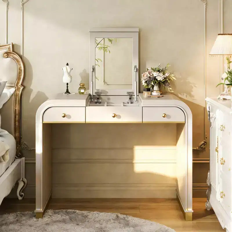 Coiffeuse 3-en-1 Whisen, meuble-lavabo classique en bois avec miroir rabattable, 2 tiroirs et espace de rangement