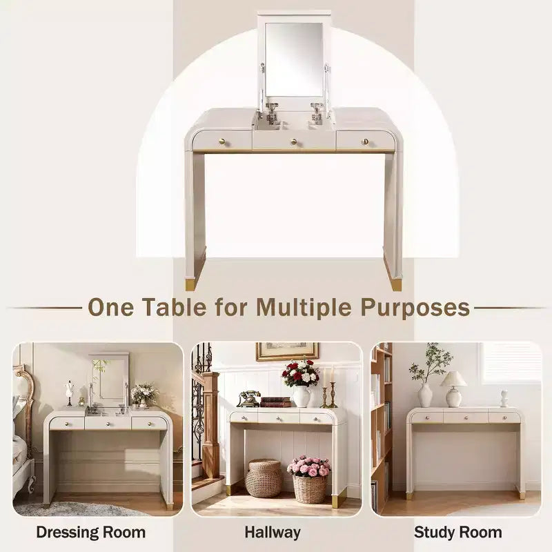 Coiffeuse 3-en-1 Whisen, meuble-lavabo classique en bois avec miroir rabattable, 2 tiroirs et espace de rangement