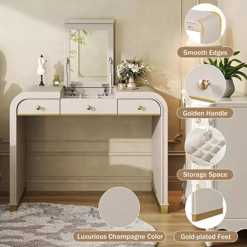 Coiffeuse 3-en-1 Whisen, meuble-lavabo classique en bois avec miroir rabattable, 2 tiroirs et espace de rangement