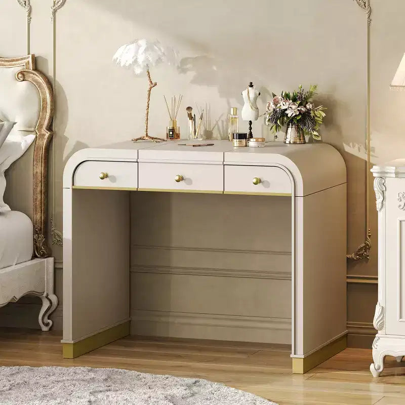 Whisen 3-in-1 Dressing Table, Classic Wood Vanity Desk with Flip Mirror, 2 Drawers and Storage Space