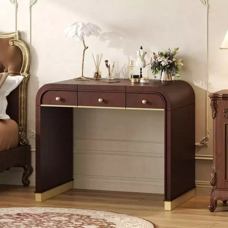 Coiffeuse 3-en-1 Whisen, meuble-lavabo classique en bois avec miroir rabattable, 2 tiroirs et espace de rangement