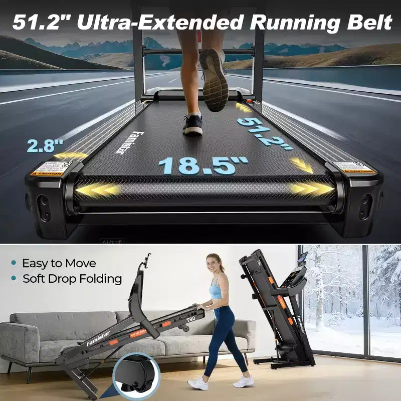 Tapis de course pliable avec inclinaison à 20 %, vitesse rapide de 19 km/h, puissance de 5,1 CV, 105 programmes pour la course et la marche à domicile, tapis de course de 180 kg avec application connectée, ceinture plus large