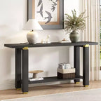 TUYOHW 63 Extra Long Console Table with Solid Pine Legs,Industrial Metal Trim,Entryway Table with Storage Shelf for Hallway,Living Room,Foyer