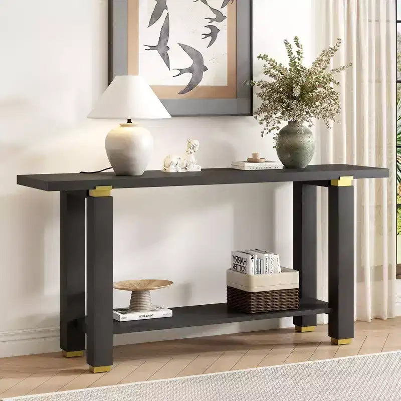 TUYOHW 63 Extra Long Console Table with Solid Pine Legs,Industrial Metal Trim,Entryway Table with Storage Shelf for Hallway,Living Room,Foyer