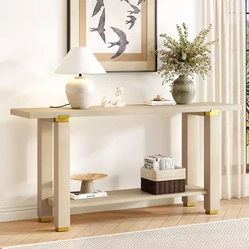 TUYOHW 63 Extra Long Console Table with Solid Pine Legs,Industrial Metal Trim,Entryway Table with Storage Shelf for Hallway,Living Room,Foyer