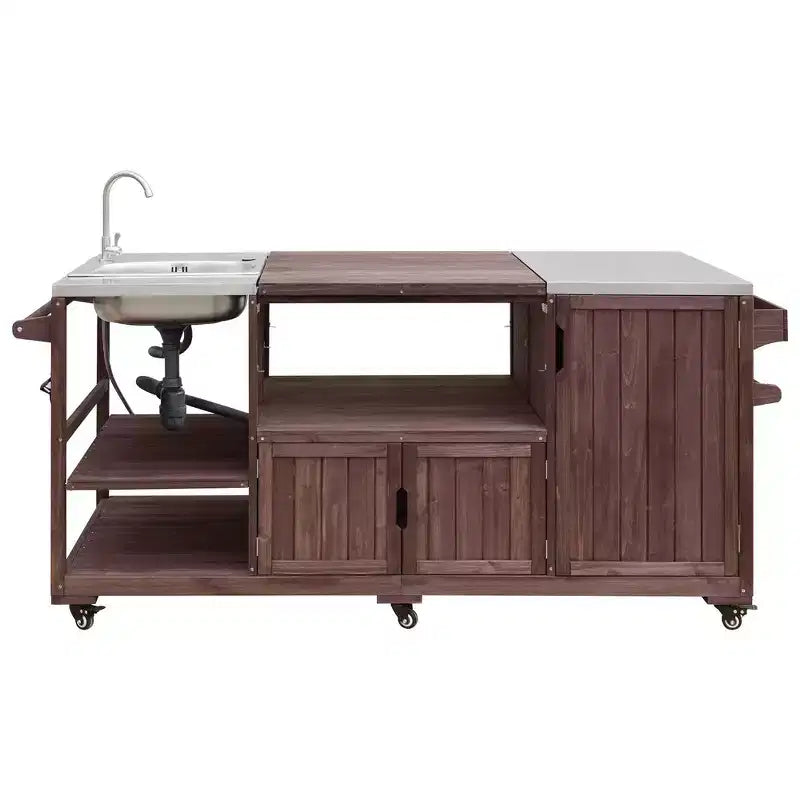 Îlot de cuisine extérieure Whisen 75.4, chariot de barbecue en bois massif, desserte roulante d'extérieur avec évier, grils à œufs, plateau en acier inoxydable