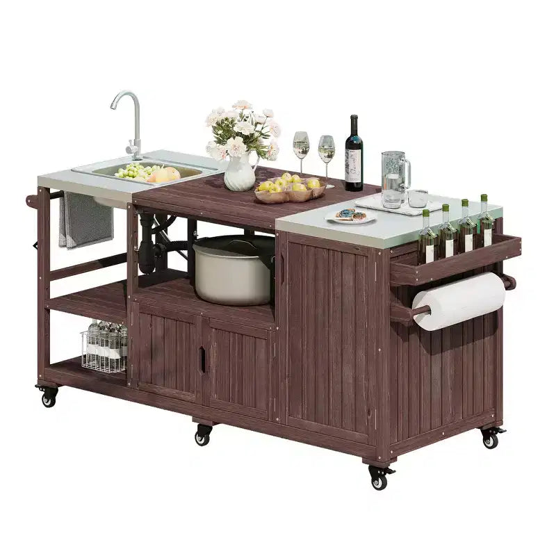 Îlot de cuisine extérieure Whisen 75.4, chariot de barbecue en bois massif, desserte roulante d'extérieur avec évier, grils à œufs, plateau en acier inoxydable