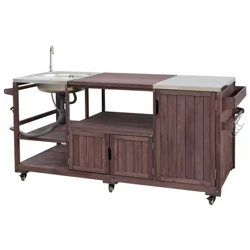 Îlot de cuisine extérieure Whisen 75.4, chariot de barbecue en bois massif, desserte roulante d'extérieur avec évier, grils à œufs, plateau en acier inoxydable