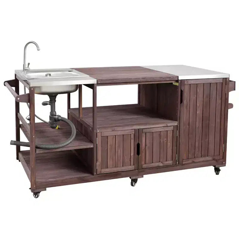 Îlot de cuisine extérieure Whisen 75.4, chariot de barbecue en bois massif, desserte roulante d'extérieur avec évier, grils à œufs, plateau en acier inoxydable