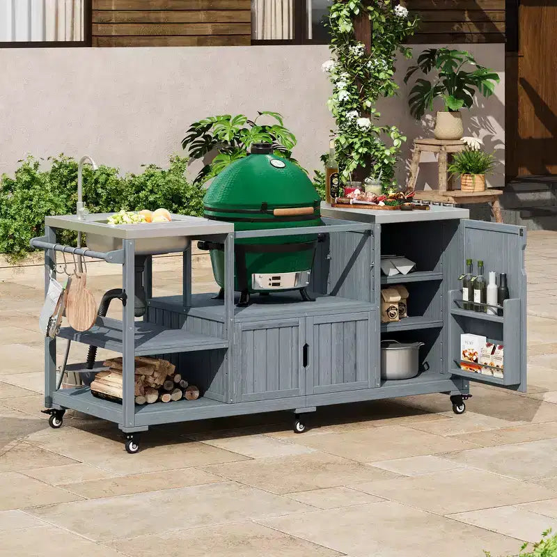 Îlot de cuisine extérieure Whisen 75.4, chariot de barbecue en bois massif, desserte roulante d'extérieur avec évier, grils à œufs, plateau en acier inoxydable