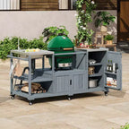 Îlot de cuisine extérieure Whisen 75.4, chariot de barbecue en bois massif, desserte roulante d'extérieur avec évier, grils à œufs, plateau en acier inoxydable